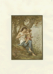 A trade card depicting an angel sitting on a woman's lap under a tree