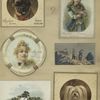 Trade cards depicting dogs, children, a woman, a church, ducks, a life preserver, a boy and girl carrying a bucket.