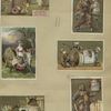 Trade cards depicting jars of meat, cows, elves, spectacles, a samurai, thread, bowing, climbing and eating.]
