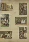 Trade cards depicting jars of meat, cows, elves, spectacles, a samurai, thread, bowing, climbing and eating.
