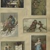 Trade cards depicting frogs, Santa Clause, reindeer and sleigh, gifts, birds, children, a clothesline, a cat, a boy pushing a girl in an ice skate and people sitting around a table.