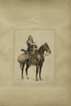 A trade card depicting a soldier on his horse.