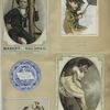Trade cards depicting children, an umbrella, a windy day, a decorated plate, ducks, a butcher, a girl in a hammock and a sailor boy