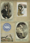 Trade cards depicting children, an umbrella, a windy day, a decorated plate, ducks, a butcher, a girl in a hammock and a sailor boy