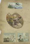 Trade and 1889 New Year cards depicting birds, water, children, fields, bells, flowers, boats and a card shaped like a paint palette depicting flowers, a butterfly and child.