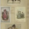 Trade cards depicting groups of girls, a fence and a girl reading to a boy.