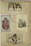 Trade cards depicting groups of girls, a fence and a girl reading to a boy.