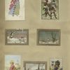 Trade cards depicting winter scenes, men hunting a lynx, women walking arm in arm, a women dressed in an outfit made of grapes and an angel feeding sheep.