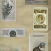 Trade cards depicting flowers, landscapes, winter, spring, birds, pottery, a shoe vase, and a dog wearing a hat and glasses.