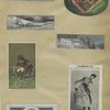 Trade cards depicting winter landscapes, men marching, a woman dancing, a boy on a swing with his toy horse and a watermelon with an African American child's face in the center.
