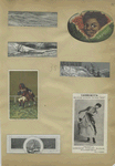 Trade cards depicting winter landscapes, men marching, a woman dancing, a boy on a swing with his toy horse and a watermelon with an African American child's face in the center.