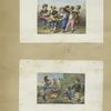 Cards depicting dancing and soldiers cooking outdoors.