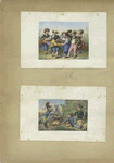 Cards depicting dancing and soldiers cooking outdoors.