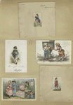 Trade cards depicting children, math, a chalkboard, a mail carrier, a candy stand, a women in bathing gear and a woman carrying a tray