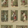 Trade cards depicting a woman wearing a kimono, flowers, toys, a chair, a mask, a fan, a walking stick and children playing with a balloon and jump rope