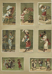 Trade cards depicting a woman wearing a kimono, flowers, toys, a chair, a mask, a fan, a walking stick and children playing with a balloon and jump rope