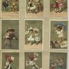 Trade cards depicting flowers personified, a violinist, children, a pillow, toys, a toy dog, spectacles and a letter