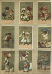 Trade cards depicting flowers personified, a violinist, children, a pillow, toys, a toy dog, spectacles and a letter