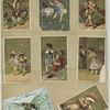 Trade cards depicting cats, insects, a letter, a party, flowers personified, a girl painting, a woman in a kimono, a boy dancing, a figure dusting a flower and a boy playing with a toy.
