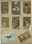 Trade cards depicting cats, insects, a letter, a party, flowers personified, a girl painting, a woman in a kimono, a boy dancing, a figure dusting a flower and a boy playing with a toy.