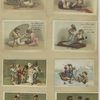 Trade cards depicting a wedding, ice skating, child soldiers and figures eating and drinking candies and wine.