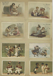 Trade cards depicting a wedding, ice skating, child soldiers and figures eating and drinking candies and wine.