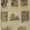 Trade cards depicting children, flowers personified, hugging, figures eating candy, fruit and nuts, girls ice skating with a doll and boys playing with a sword and rug.