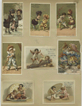 Trade cards depicting children, flowers personified, hugging, figures eating candy, fruit and nuts, girls ice skating with a doll and boys playing with a sword and rug.