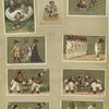 Easter and trade cards depicting preserves, a swing made from an egg, a masquerade ball, child soldiers, wine drinking and a condemnation hearing.