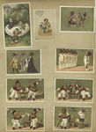 Easter and trade cards depicting preserves, a swing made from an egg, a masquerade ball, child soldiers, wine drinking and a condemnation hearing.