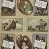 Trade cards depicting painting palettes, dogs, birds, cats, frogs, angels, shoes, fishing and a woman in a hat