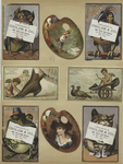 Trade cards depicting painting palettes, dogs, birds, cats, frogs, angels, shoes, fishing and a woman in a hat