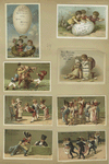 Easter and trade cards depicting children, eggs, nests, candy, soldiers, dancing, courtship and public speaking.