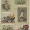 Trade cards depicting shoes, flowers, women, children, a basket of kittens, a bee and a girl feeding birds.