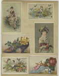 Trade cards depicting shoes, flowers, women, children, a basket of kittens, a bee and a girl feeding birds.