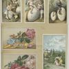 Easter and trade cards depicting flowers, shoes, children, angels, eggs, toys, a kite, a fish, a bicycle and a rabbit.