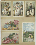Easter and trade cards depicting flowers, shoes, children, angels, eggs, toys, a kite, a fish, a bicycle and a rabbit.