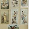 Easter and trade cards depicting women, children, birds, eggs, thread, a birdcage and a boat made from an egg.
