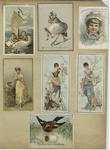 Easter and trade cards depicting women, children, birds, eggs, thread, a birdcage and a boat made from an egg.