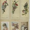 Trade cards depicting flowers, children, calligraphy, cats, acorns, thread and autumn foliage