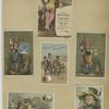 Trade cards depicting cats, chalkboards, thread, leaves, a performer, children riding donkeys, French and Swiss girls holding their countries flag and postage stamp.
