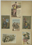 Trade cards depicting cats, chalkboards, thread, leaves, a performer, children riding donkeys, French and Swiss girls holding their countries flag and postage stamp.