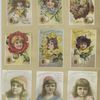 Trade cards depicting thread, children and flowers personified.