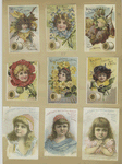 Trade cards depicting thread, children and flowers personified.