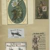 Trade cards depicting flowers, shoes, wheelchairs, a performer and a boy holding an English flag and postage stamp