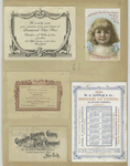 Calendar, trade and business cards with ornamental design and a depiction of a girl