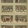 Trade cards depicting a musical band, singing, discipline, school and girls : reading, playing and holding puppies.