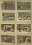 Trade cards depicting a musical band, singing, discipline, school and girls : reading, playing and holding puppies.