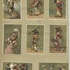 Trade cards depicting birds, a dog, children : in kimonos, with a parasol, breaking a dish, playing the violin, blowing bubbles, making a snowman and playing with a toy boat.