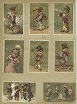 Trade cards depicting birds, a dog, children : in kimonos, with a parasol, breaking a dish, playing the violin, blowing bubbles, making a snowman and playing with a toy boat.